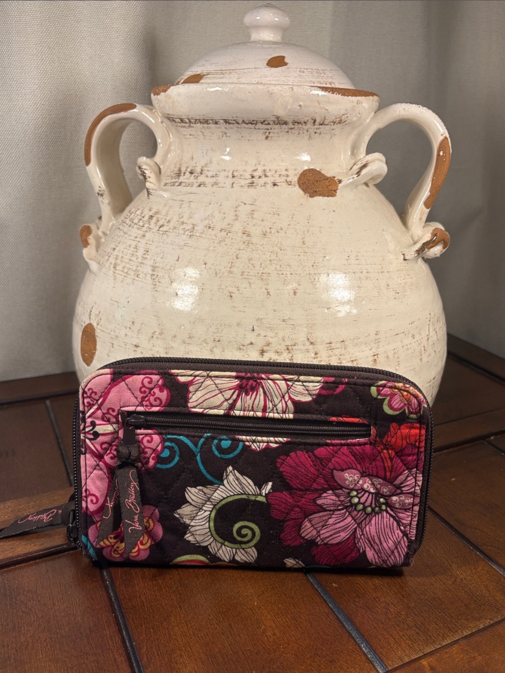 Vera Bradley Floral Zip Wallet in Pink, Brown & Cream Accents